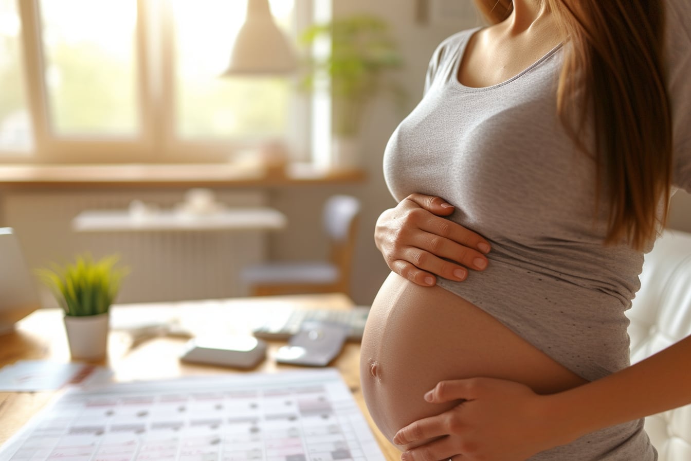 Test de grossesse positif posé près d’un calendrier et de produits de soin, symbole des premiers signes de grossesse