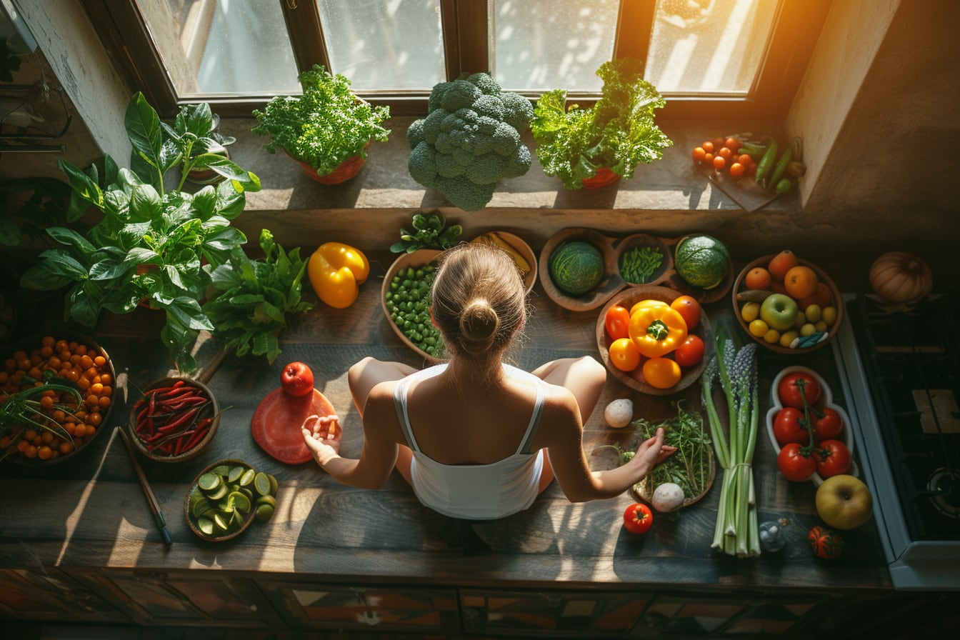 Femme assise à une table avec un bol de fruits, un verre d’eau et des céréales complètes pour favoriser le transit