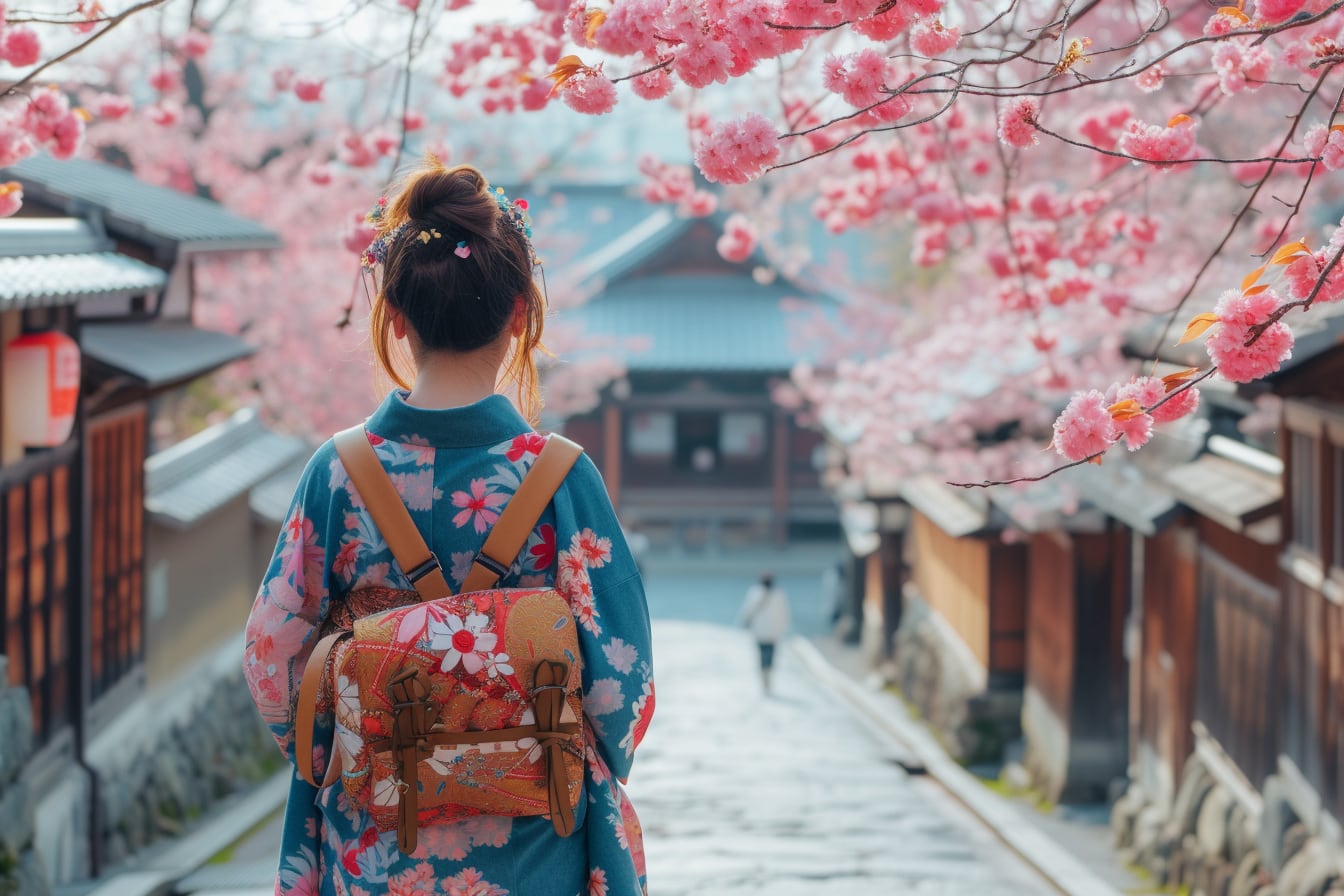 Ruelle traditionnelle de Kyoto bordée de maisons en bois, avec un temple japonais en arrière-plan
