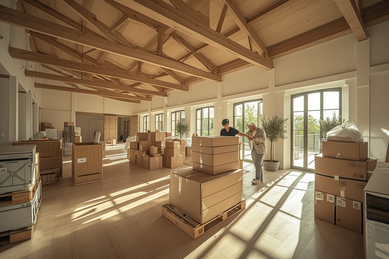 Camion de déménagement stationné près d’un logement à Saint-Jean-de-Luz avec cartons et mobilier prêts à être chargés