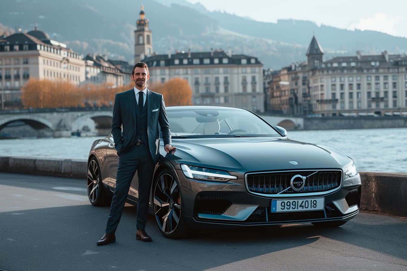 Chauffeur VTC devant une berline stationnée dans une rue de Genève, avec le Jet d’eau en arrière-plan