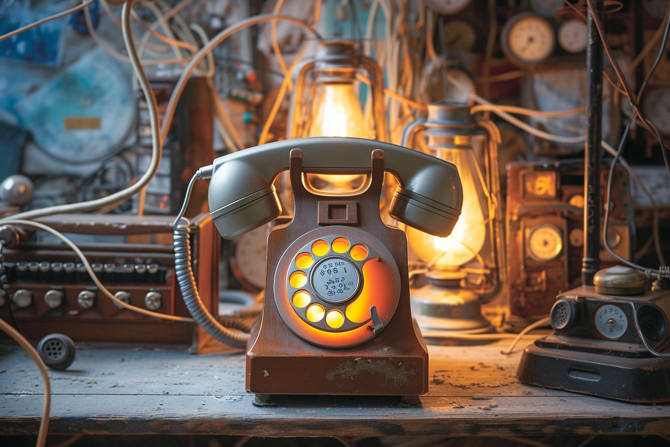 Ancien téléphone à cadran posé près d’un combiné, évoquant les débuts des communications téléphoniques et l’expression « allô »