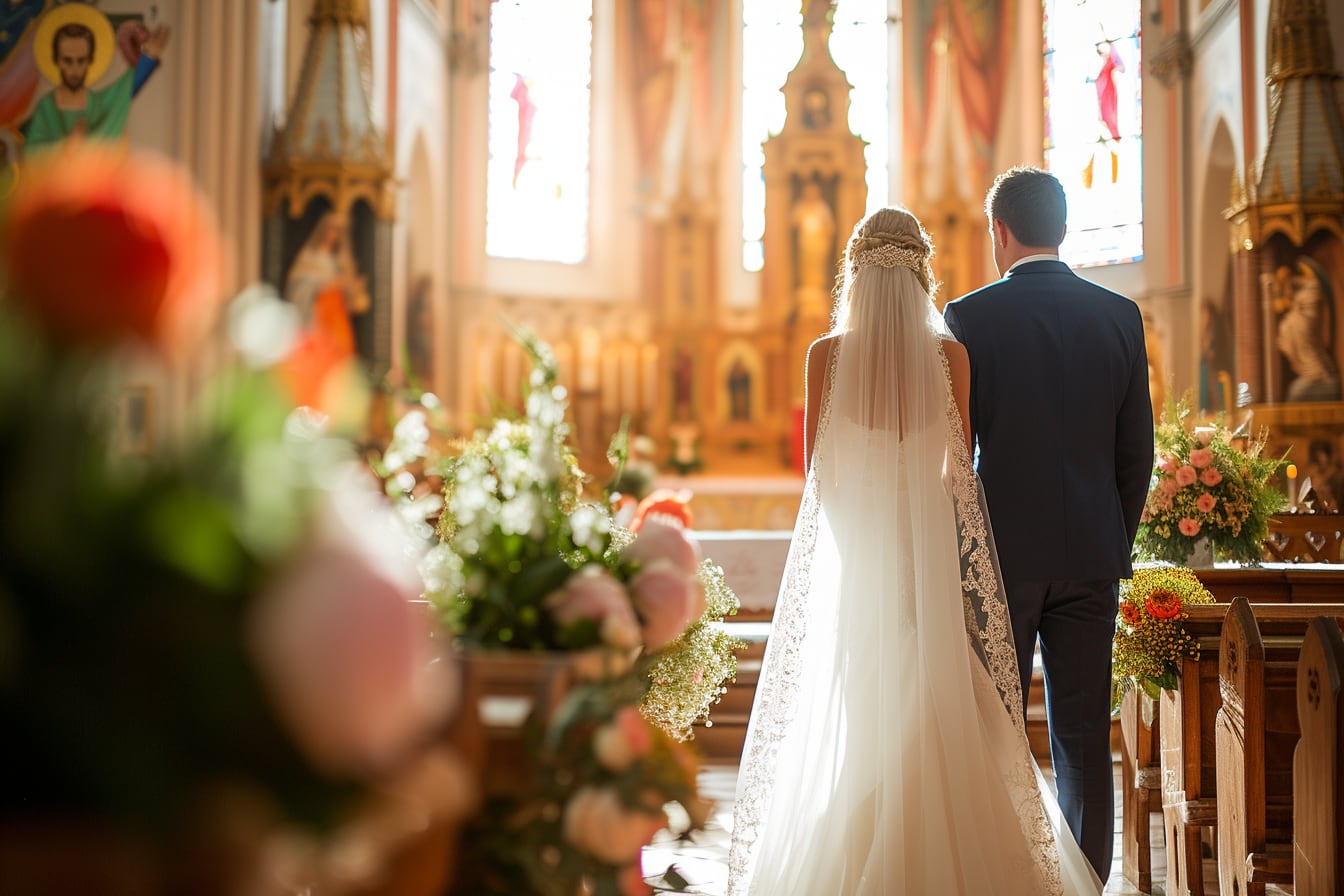 Couple de mariés échangeant ses consentements devant l’autel d’une église décorée de fleurs