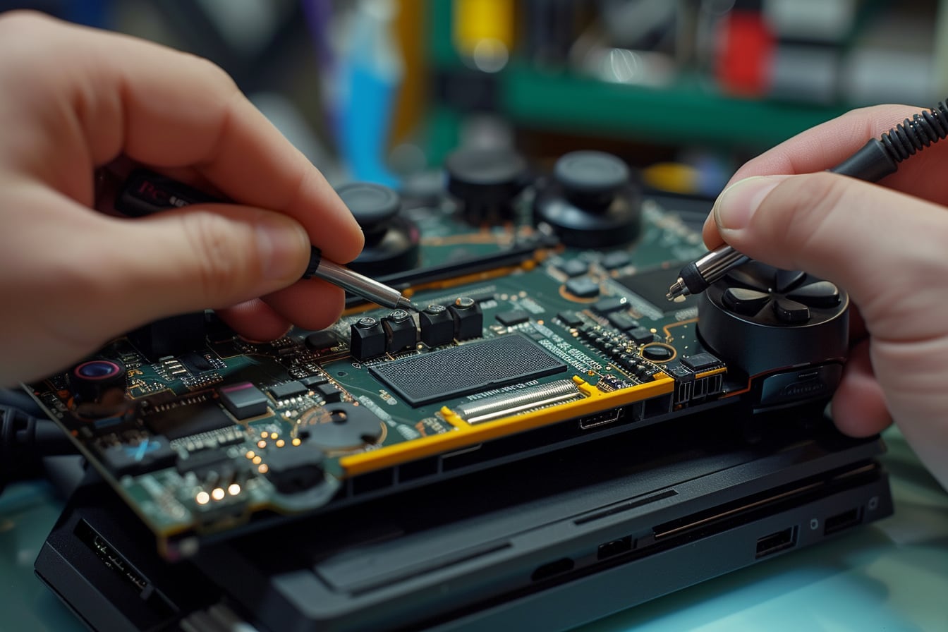 PS4 Slim noire posée sur un plan de travail avec tournevis de précision, outil d’ouverture en plastique et vis rangées pour le démontage