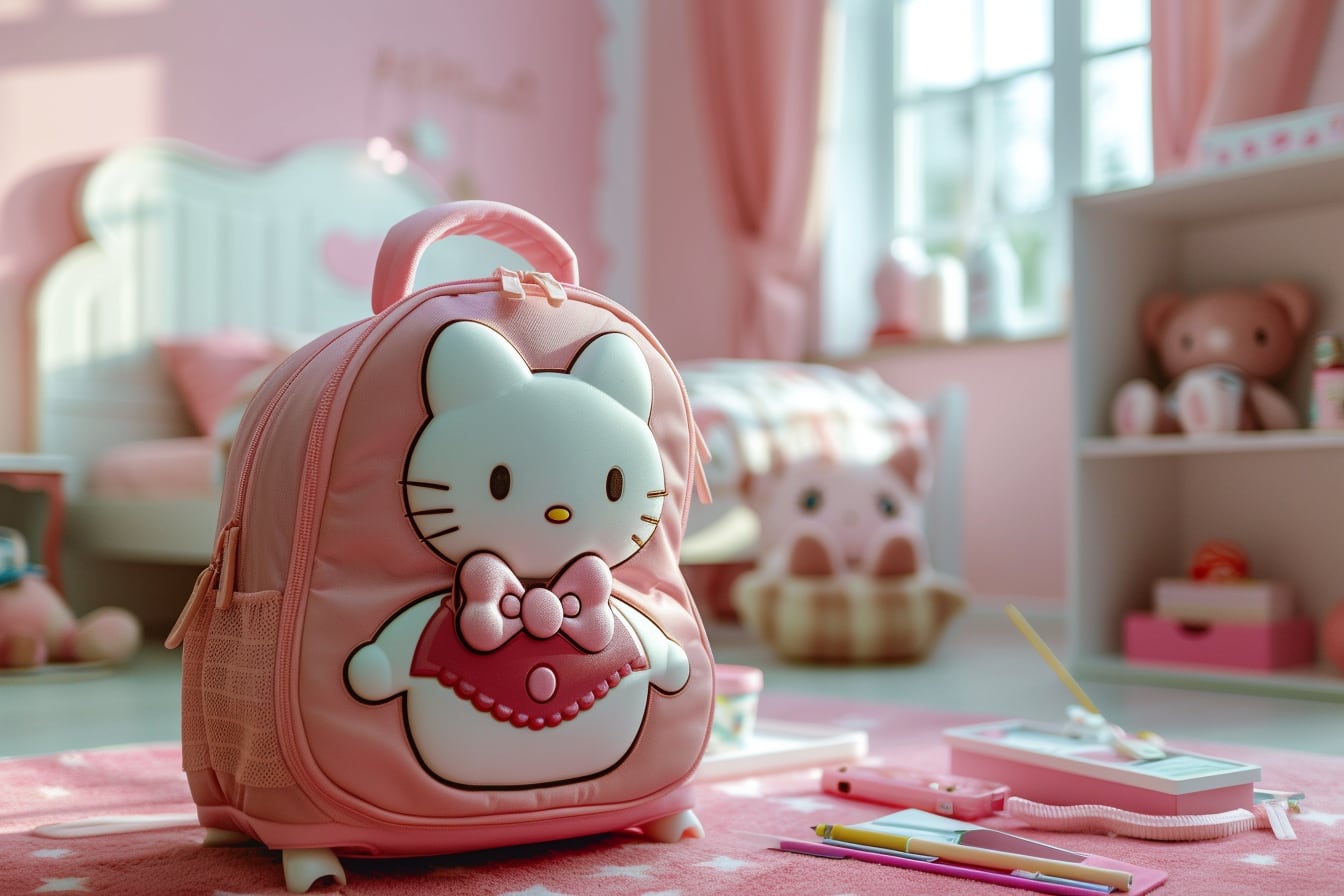 Cartable à roulettes rose Hello Kitty posé avec des cahiers et des fournitures de rentrée scolaire