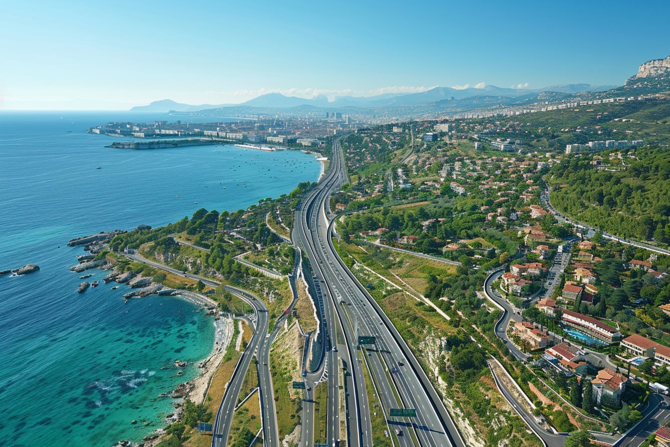 Voiture circulant sur une autoroute de la vallée du Rhône en direction de Marseille, avec panneaux routiers et paysage provençal
