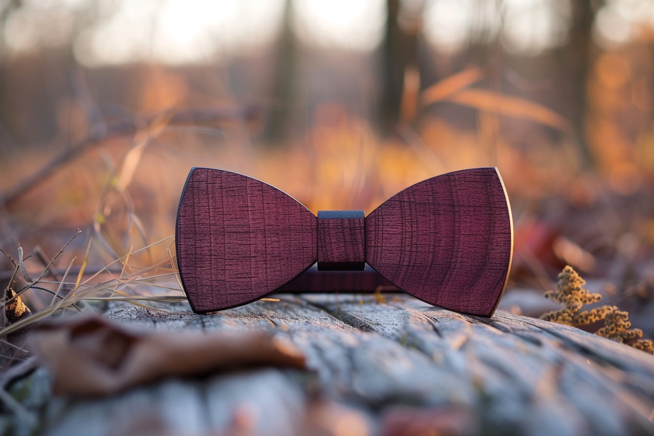 Nœud papillon en bois bordeaux posé sur une chemise blanche avec costume bleu marine de cérémonie