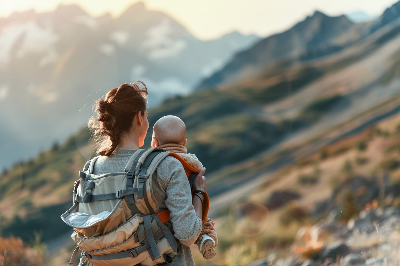 Parent équipé d’un porte-enfant de randonnée sur un sentier, avec un jeune enfant confortablement installé