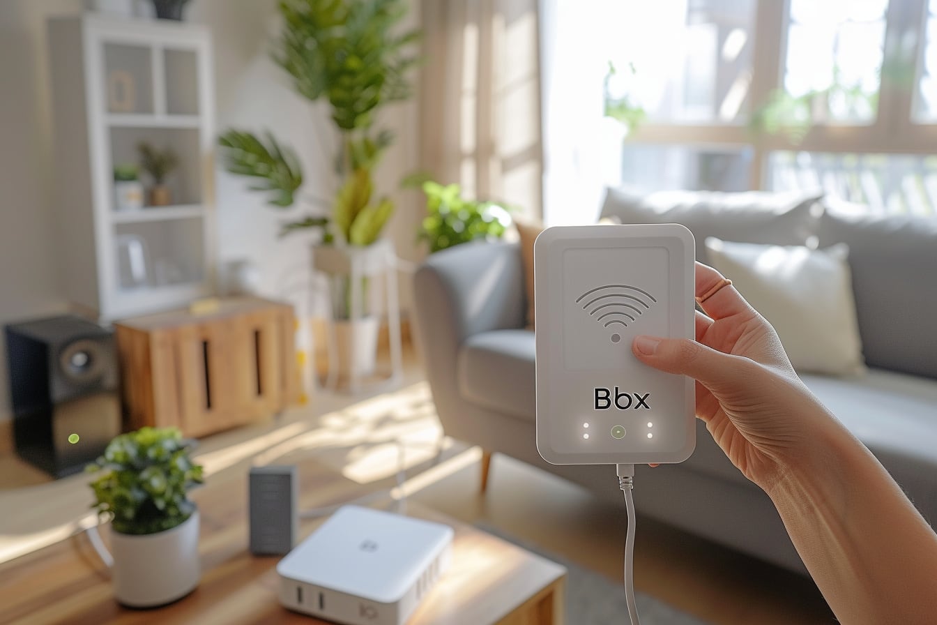 Répéteur WiFi branché dans un couloir pour étendre la couverture d’une Bbox dans une maison
