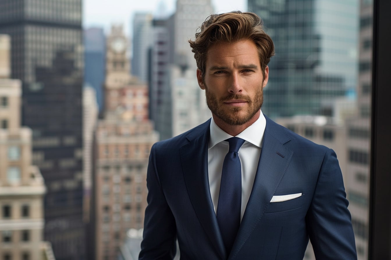 Homme portant un costume bleu marine élégant avec chemise blanche et chaussures en cuir marron