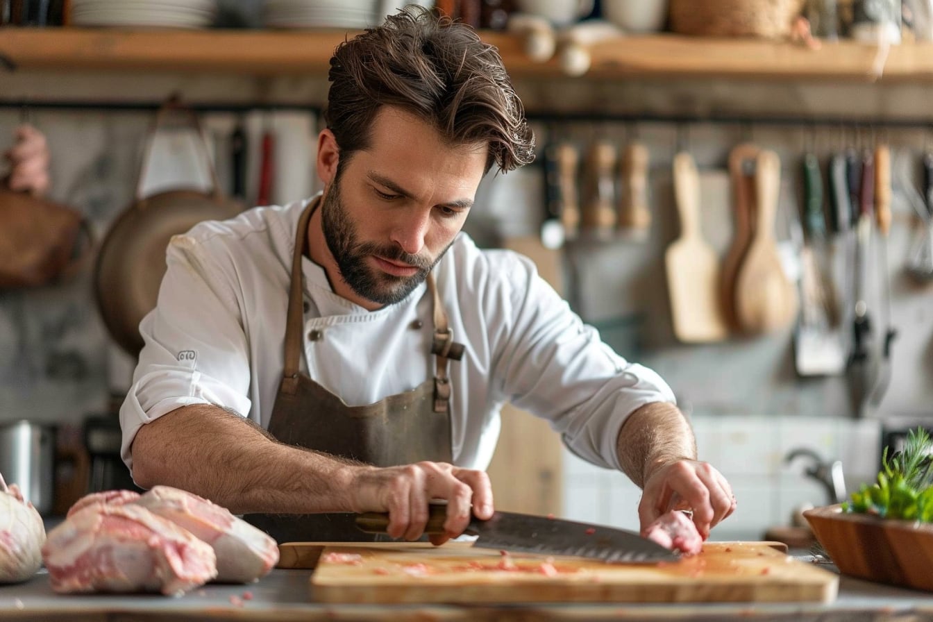 Cuisinier désossant un lapin cru sur une planche avec un couteau fin et des morceaux de viande préparés