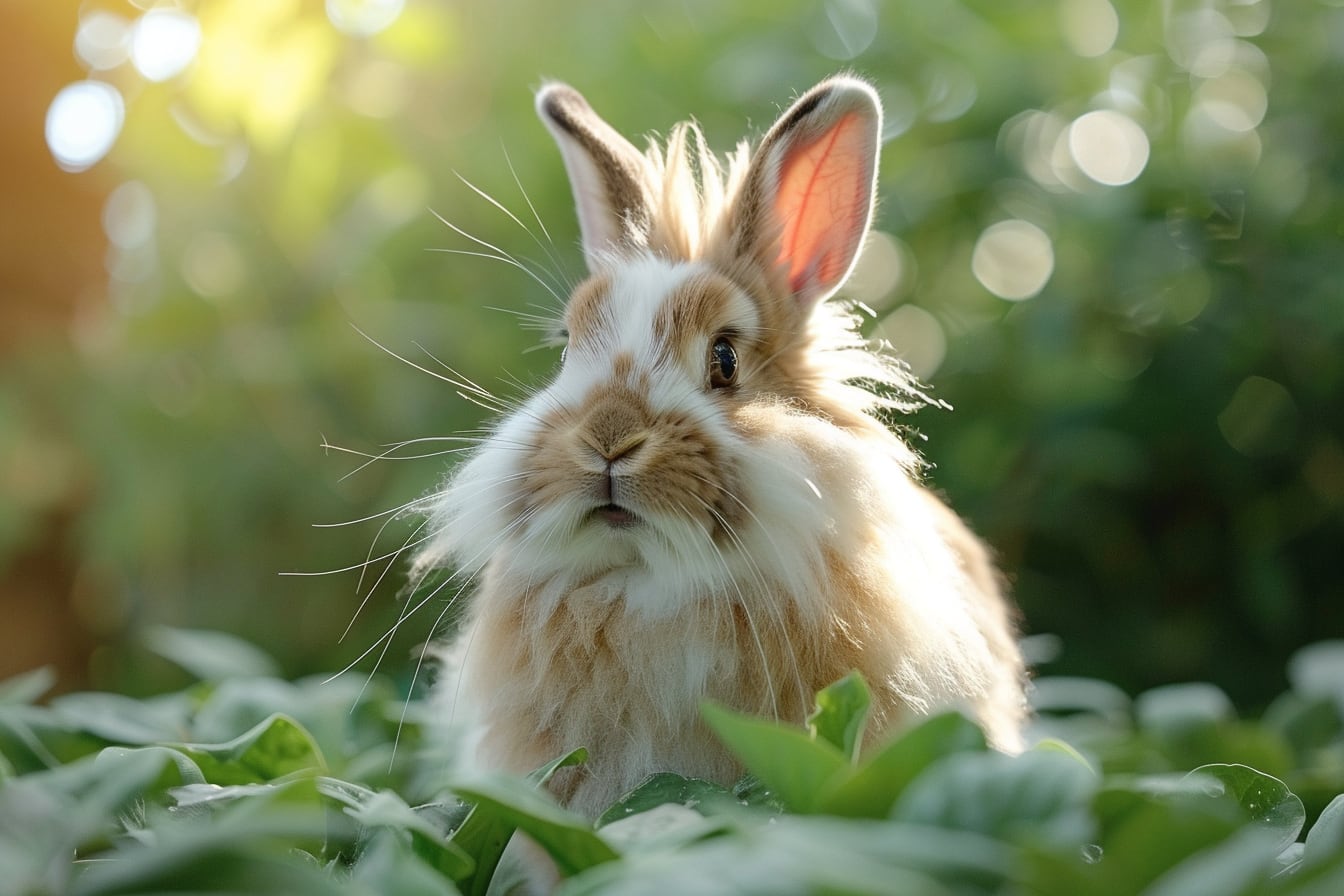 Lapin domestique aux oreilles dressées observant attentivement son environnement dans un espace intérieur calme