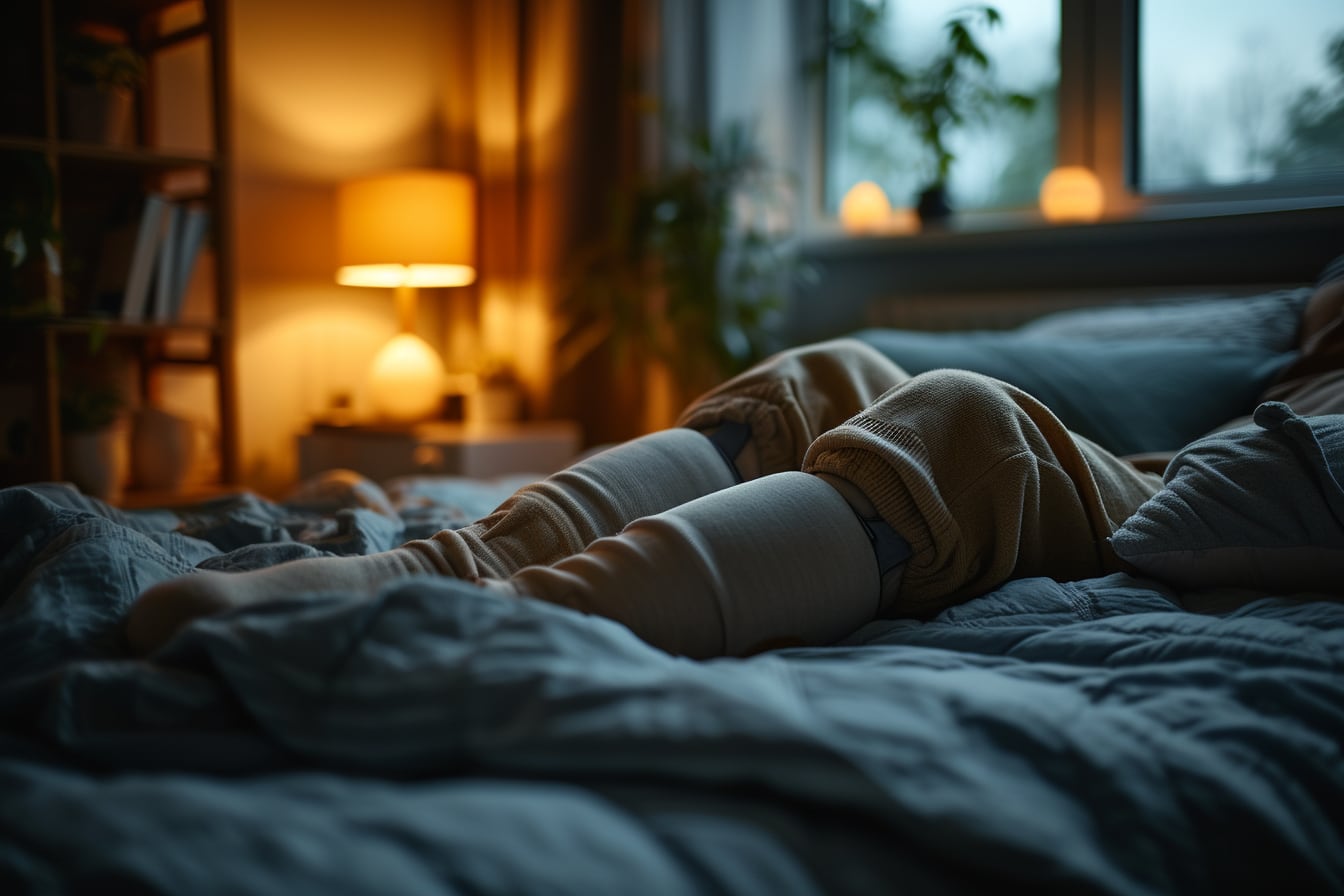 Personne allongée sur le dos dans un lit, jambe soutenue par des coussins après une opération du genou