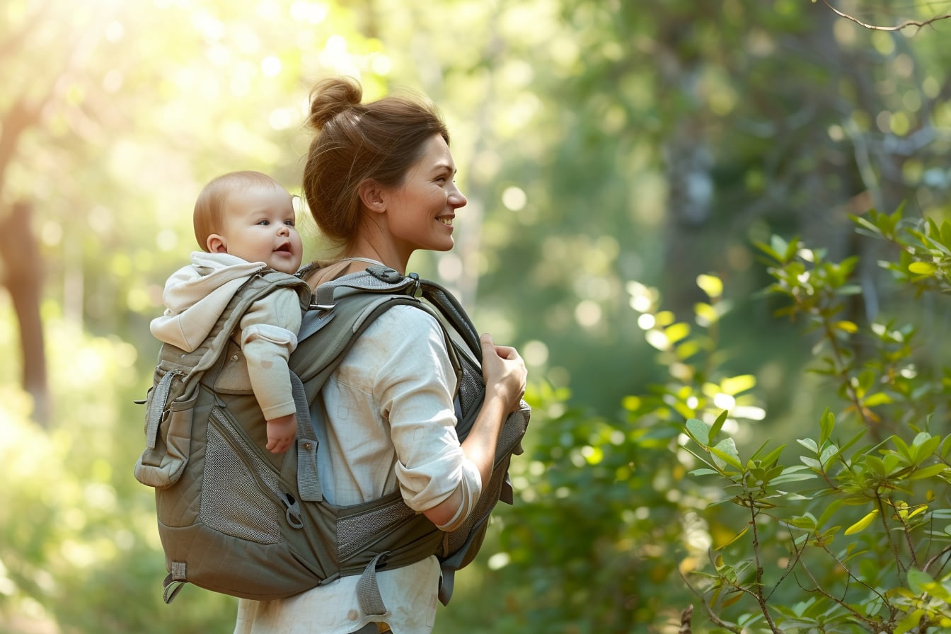Parent portant un bébé contre lui dans un porte-bébé ergonomique réglé pour une promenade