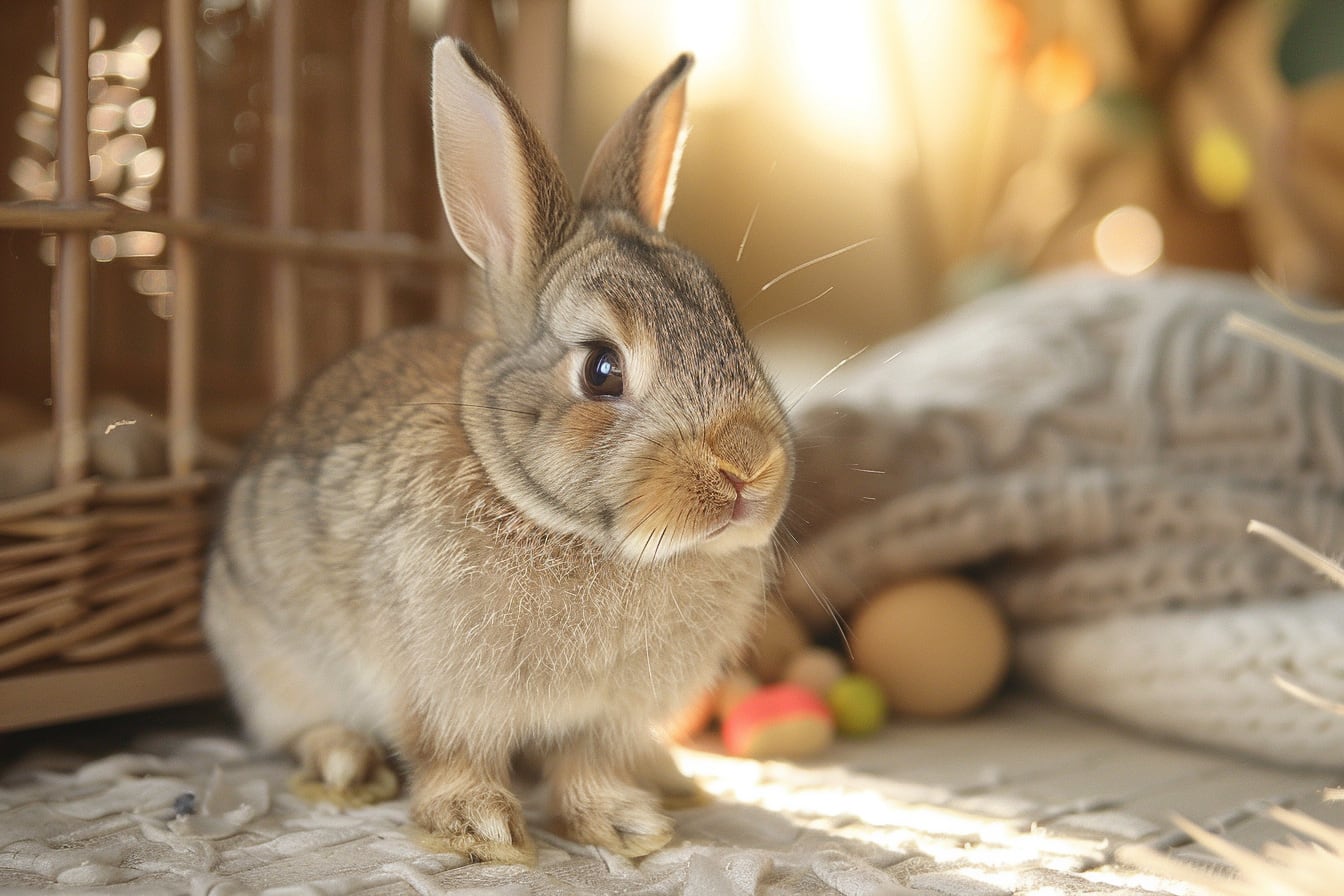 Jeune bébé lapin domestique au pelage brun clair installé sur du foin dans un espace calme et sécurisé