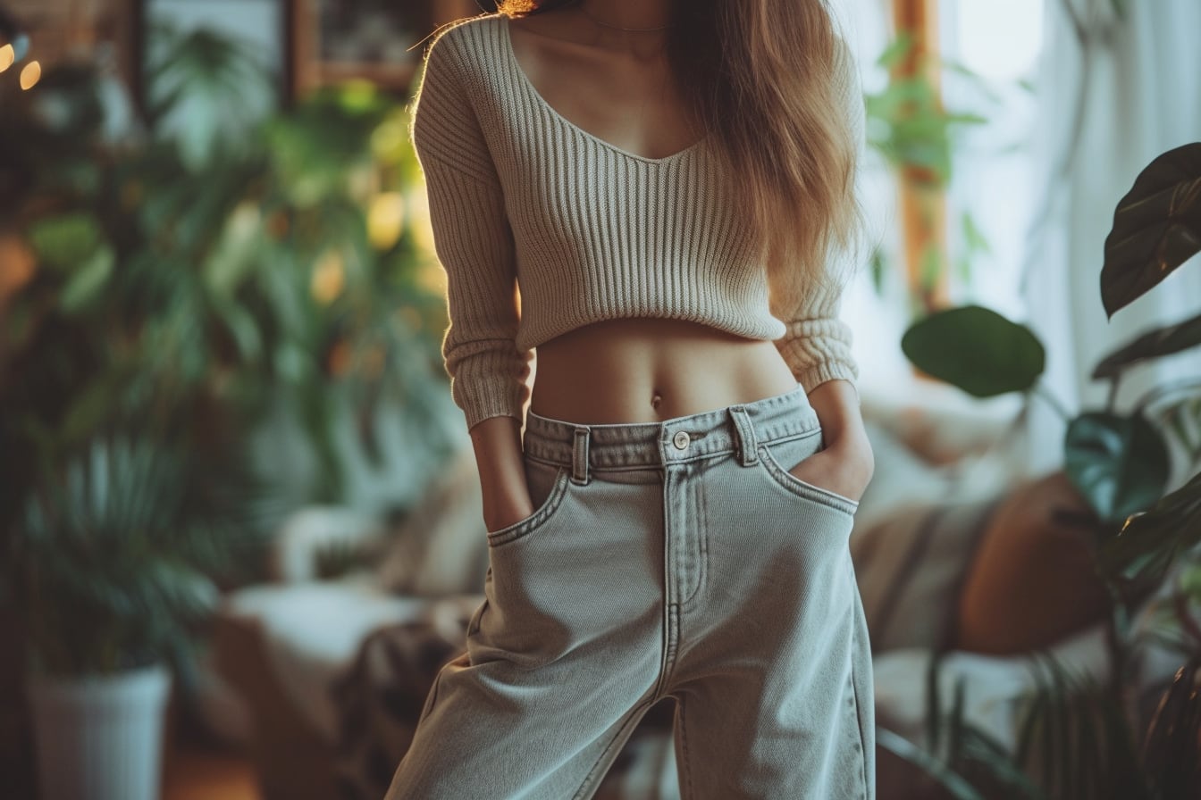 Personne assise à une table avec un repas équilibré et un verre d’eau, dans une démarche de bien-être abdominal