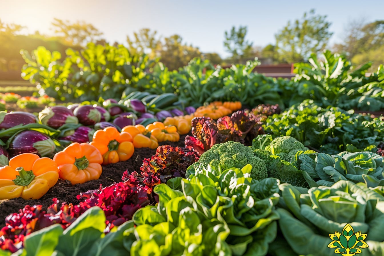 Potager familial avec rangs de jeunes légumes, plants de tomates et semis en pleine terre au printemps