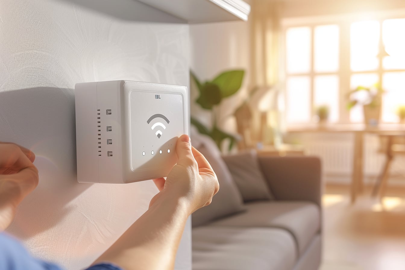 Répéteur WiFi branché sur une prise murale dans un couloir de maison pour étendre le signal de la box internet