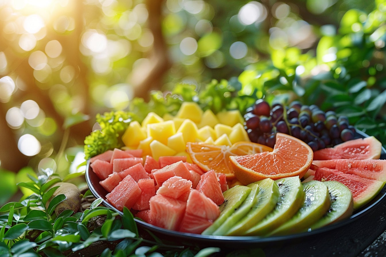 Assiette colorée avec huîtres, noix, graines de grenade, chocolat noir, pastèque et safran pour illustrer des aliments associés à la libido