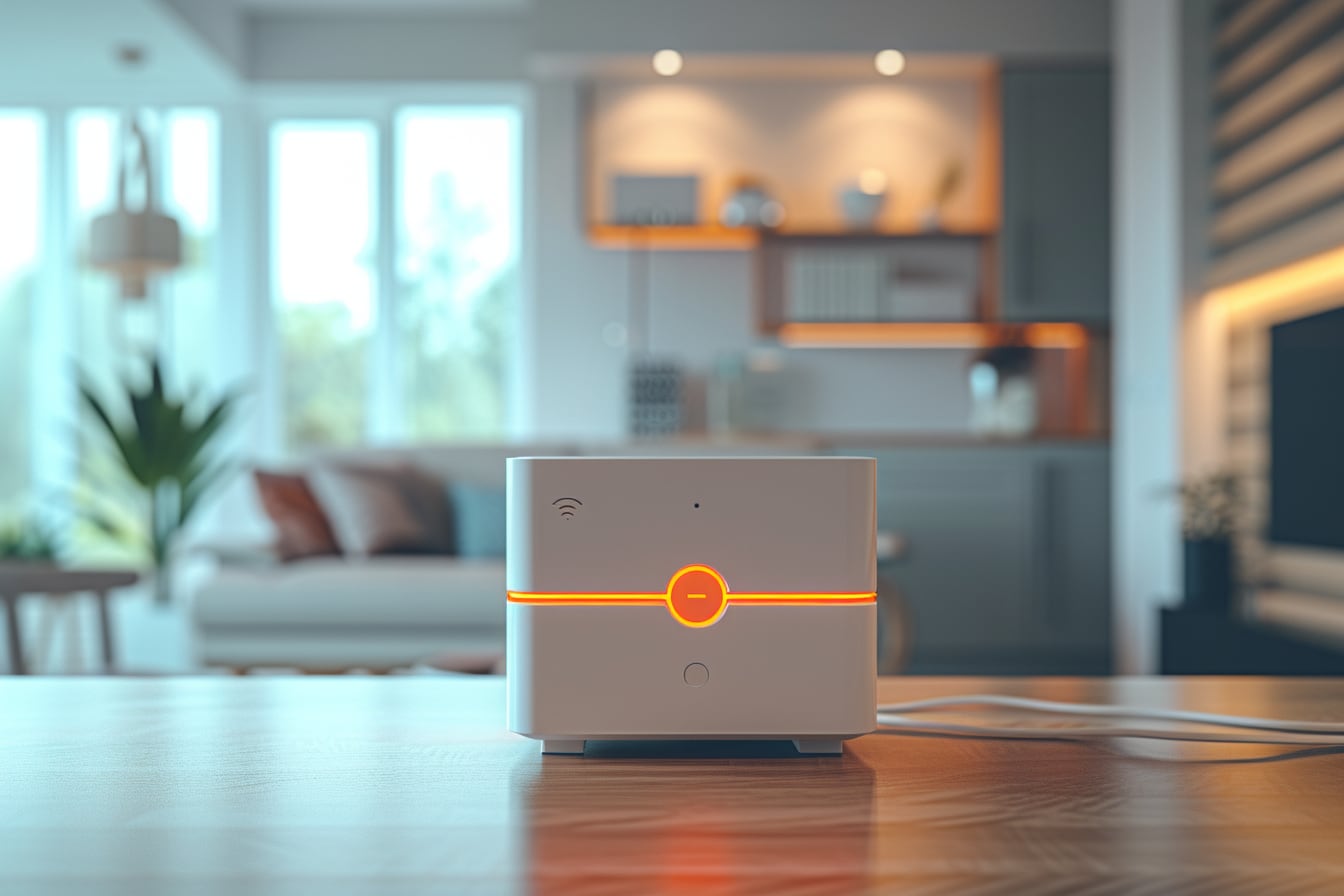 Répéteur Wi‑Fi Orange branché sur une prise murale dans un intérieur, avec une Livebox visible en arrière-plan
