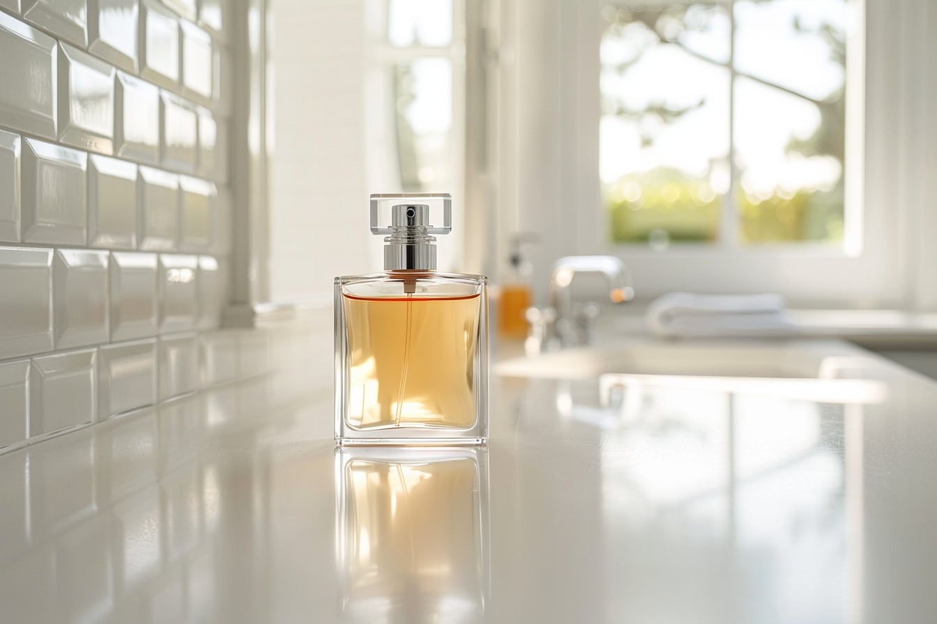 Flacons de parfums aux tons clairs posés près de serviettes blanches et de tranches d’agrumes, évoquant une sensation de fraîcheur