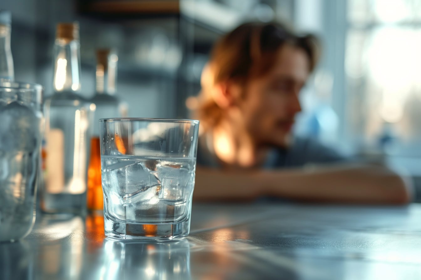 Personne assise à une table avec un verre d’eau, réfléchissant à son arrêt de l’alcool