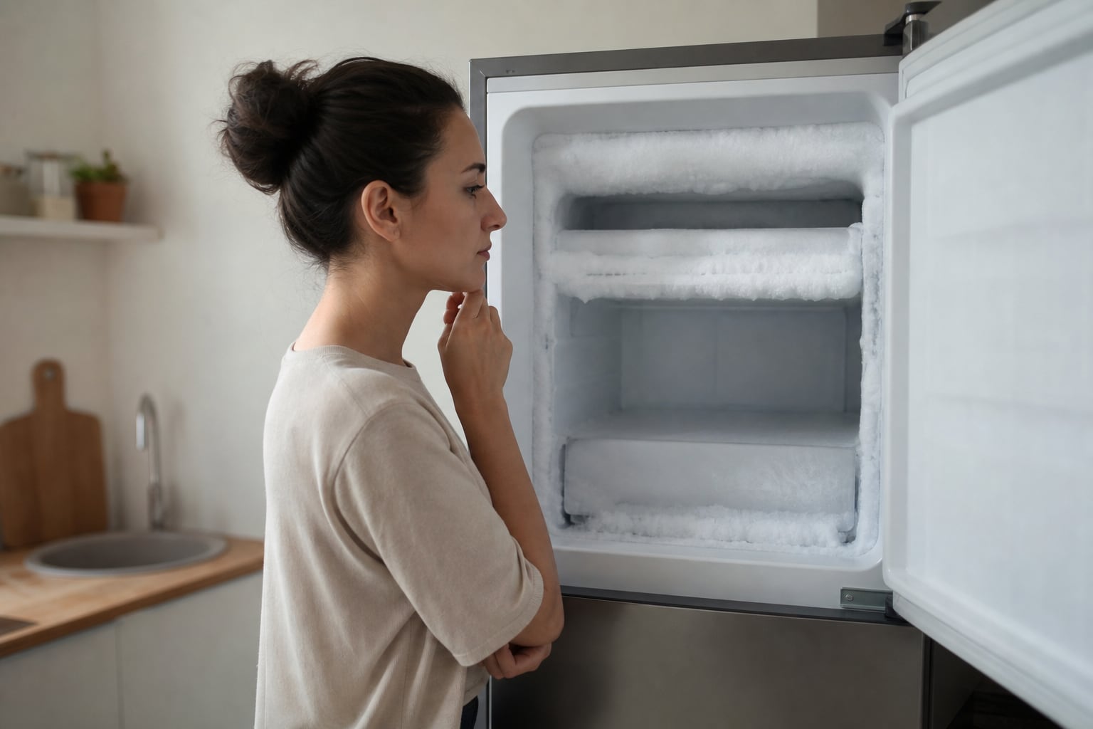 L'intérieur d'un congélateur avec une fine couche de givre blanc sur les parois et des bacs remplis d'aliments