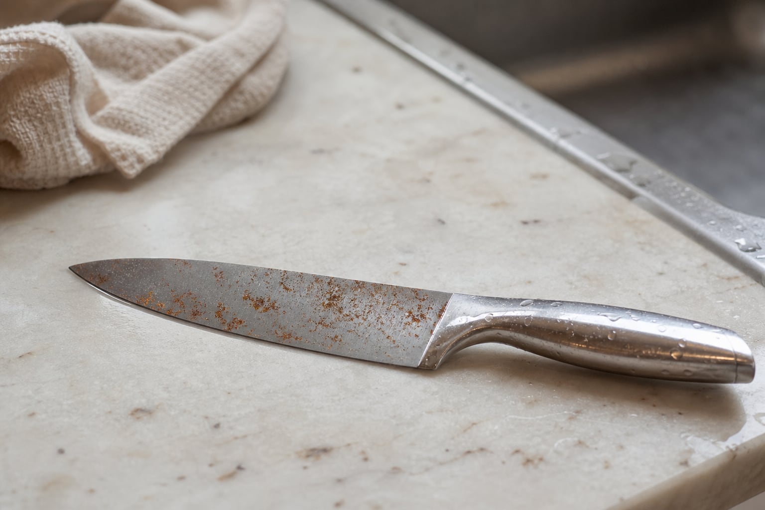 Un couteau de cuisine en acier inoxydable posé sur une planche à découper en bois clair, à côté de légumes frais