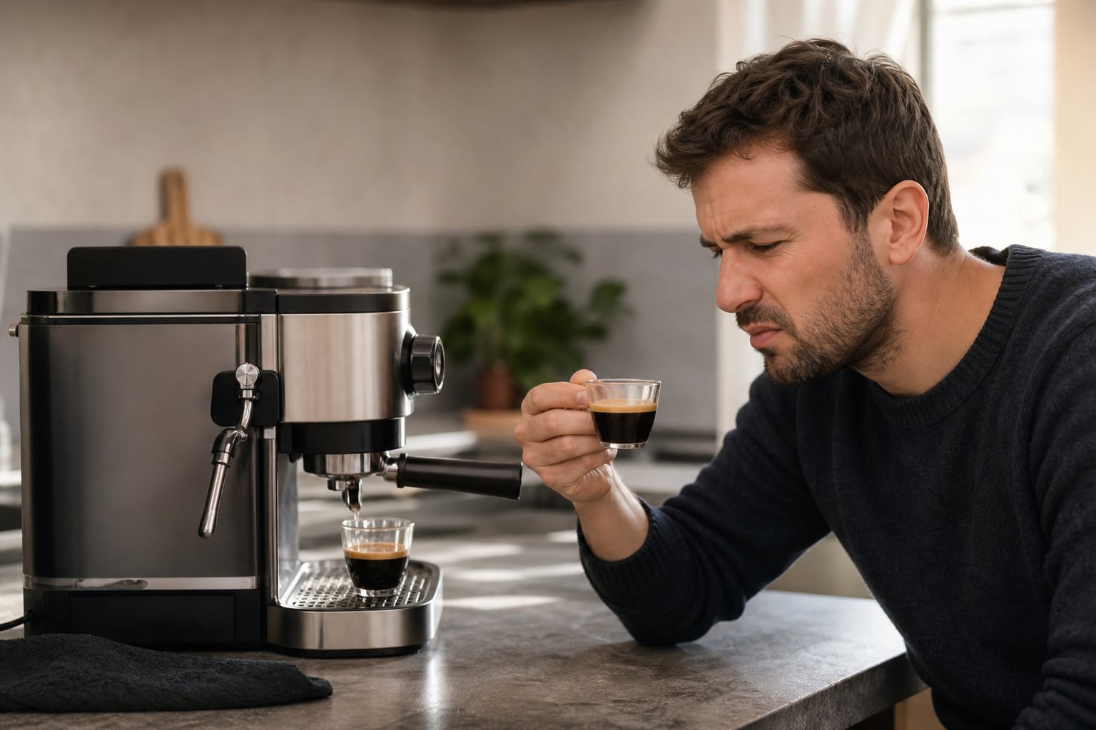 Tasse d'expresso fraîchement préparée posée sous le bec d'une machine à café, avec des grains de café torréfiés à côté