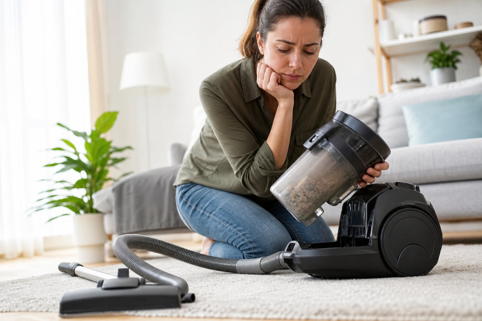 Aspirateur traîneau posé sur un tapis dans un salon lumineux, tuyau et brosse posés à côté