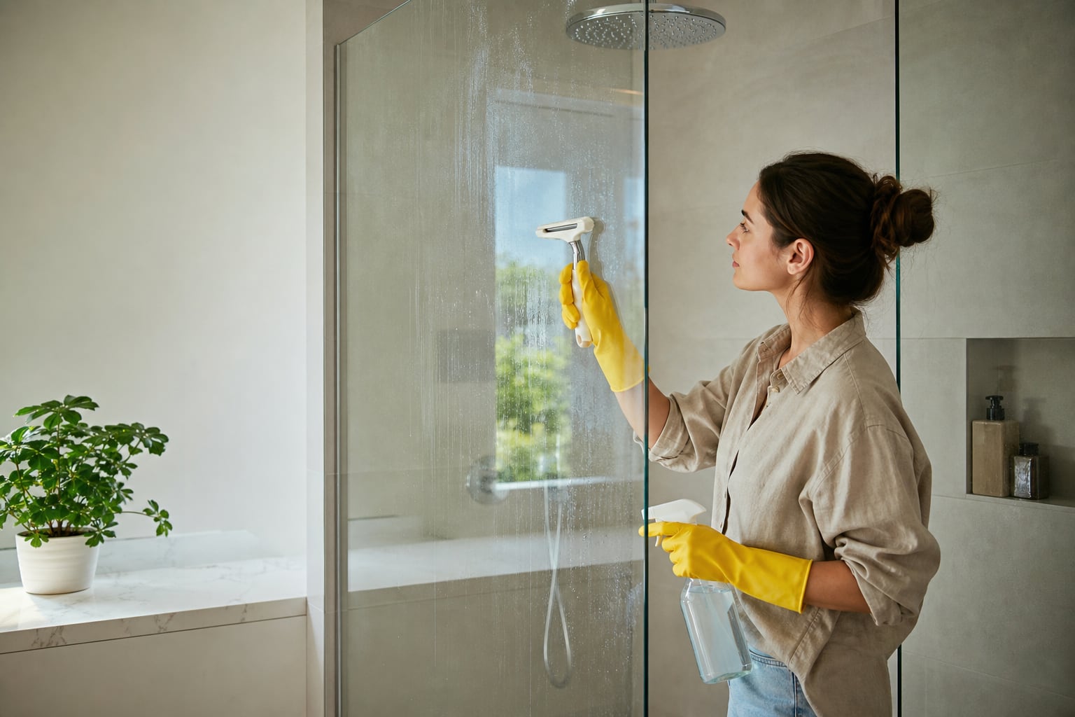Paroi de douche en verre dans une salle de bain lumineuse, gouttes d’eau et raclette posée sur le rebord