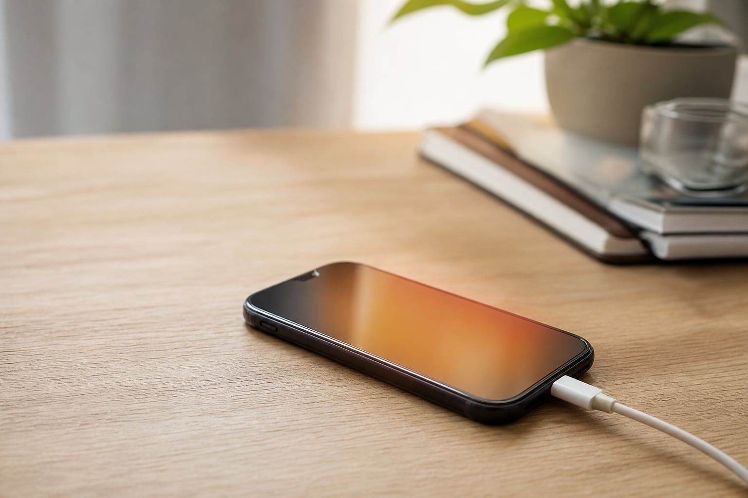 Smartphone branché à un câble de charge, posé sur une table en bois dans une pièce lumineuse
