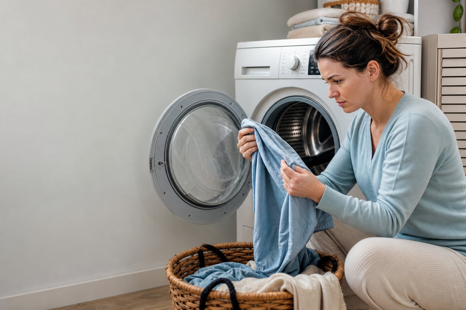 Linge encore humide posé à la sortie d'un sèche-linge ouvert dans une buanderie lumineuse