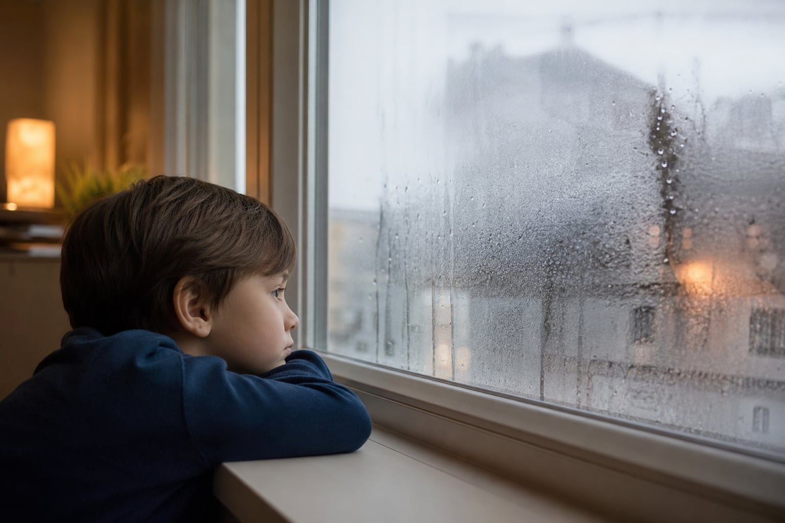 Vitre embuée côté intérieur d'une maison en hiver, avec des gouttes de condensation ruisselant sur le verre