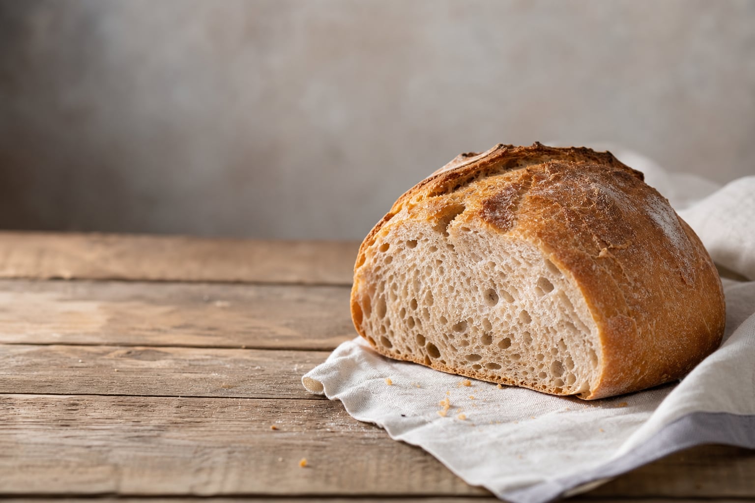 Pain maison tranché sur une planche en bois, avec une mie dense et une croûte dorée, dans une cuisine baignée de lumière naturelle