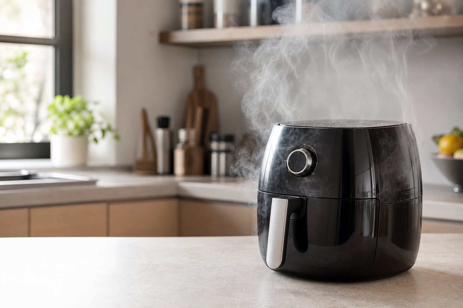 Friteuse à air (airfryer) ouverte sur un plan de travail de cuisine, avec des morceaux de poulet dorés dans le panier, lumière naturelle