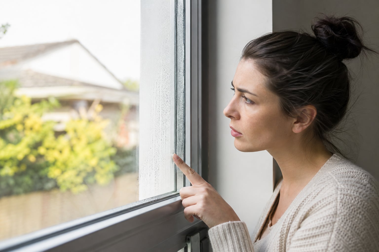 Fenêtre à double vitrage vue de l'intérieur d'une maison, avec de la lumière naturelle traversant les vitres embuées par endroits