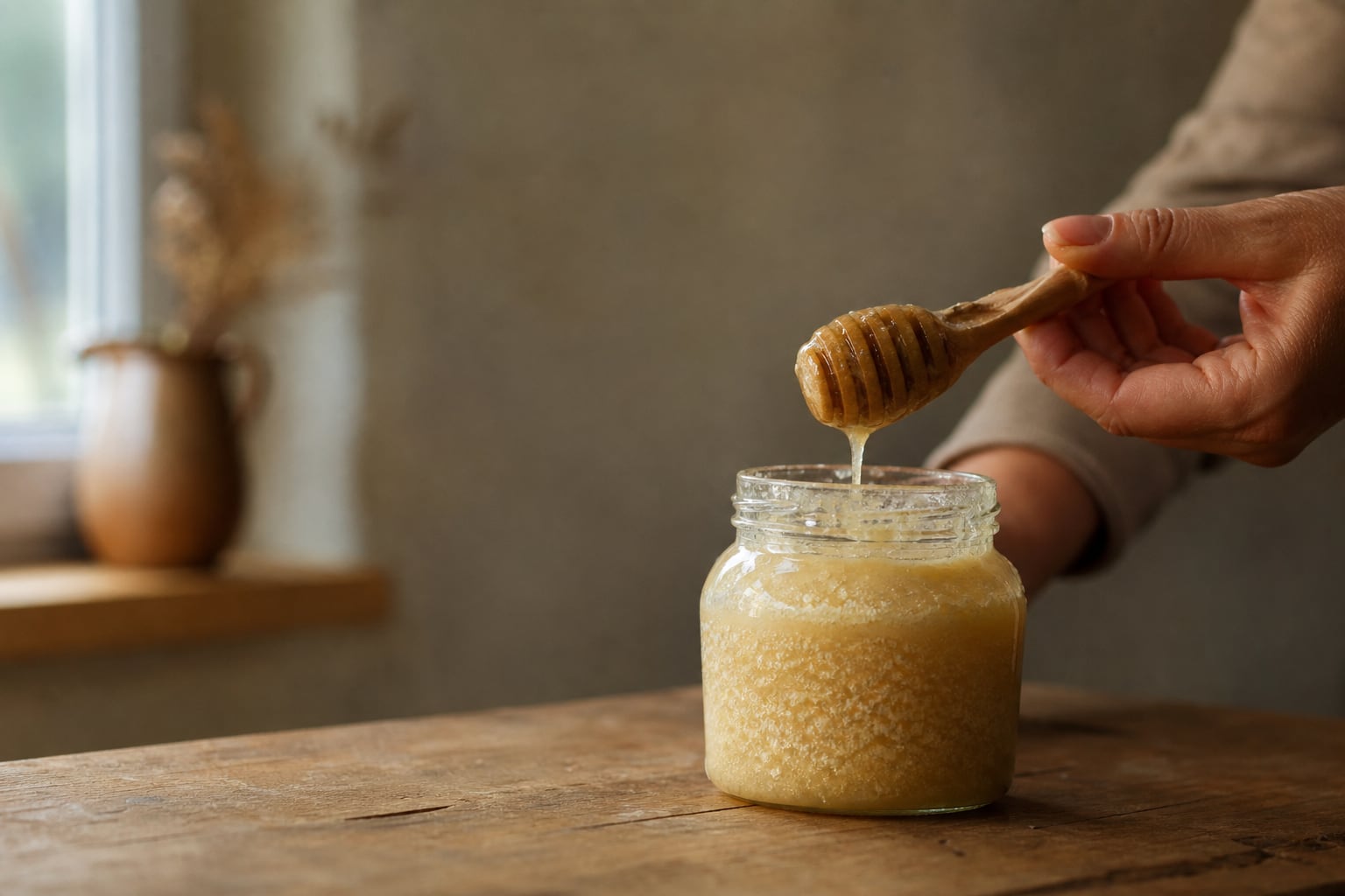 Pot de miel ouvert sur une table en bois avec un pot à miel en bois, lumière naturelle de cuisine