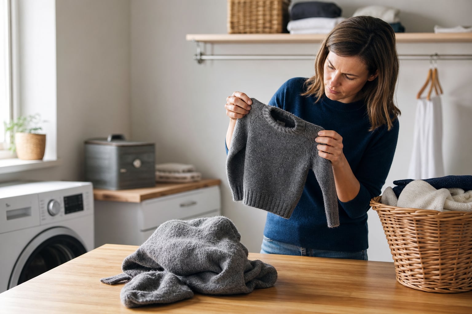 Pull en laine posé à plat sur une table en bois à côté d'un panier de linge, lumière naturelle douce