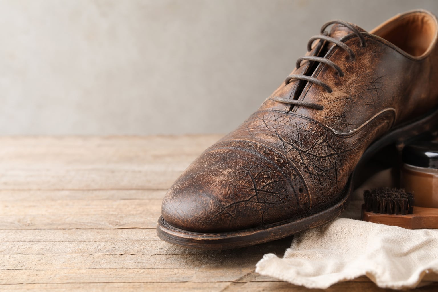 Paire de chaussures en cuir marron posées sur une étagère en bois, lumière naturelle chaude