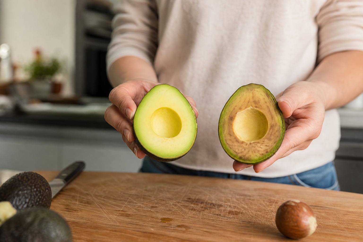 Avocat coupé en deux posé sur une planche en bois, moitié encore verte et moitié montrant un léger brunissement, lumière naturelle