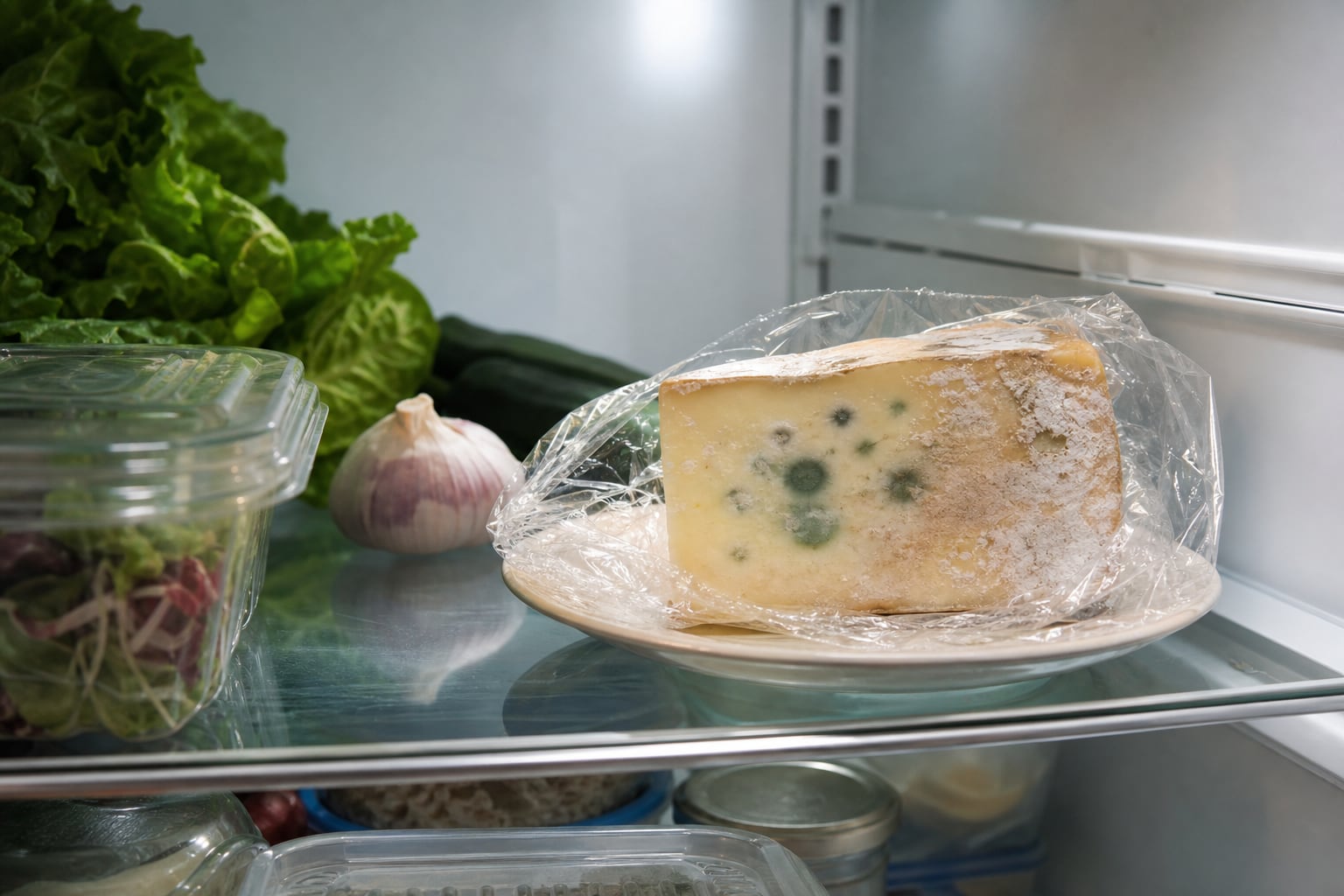 Plateau de fromages variés posé sur une planche en bois dans un réfrigérateur entrouvert, lumière naturelle douce