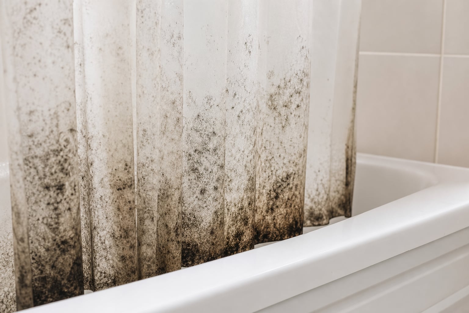 Rideau de douche blanc légèrement froissé dans une salle de bain lumineuse, gouttes d'eau visibles sur le tissu