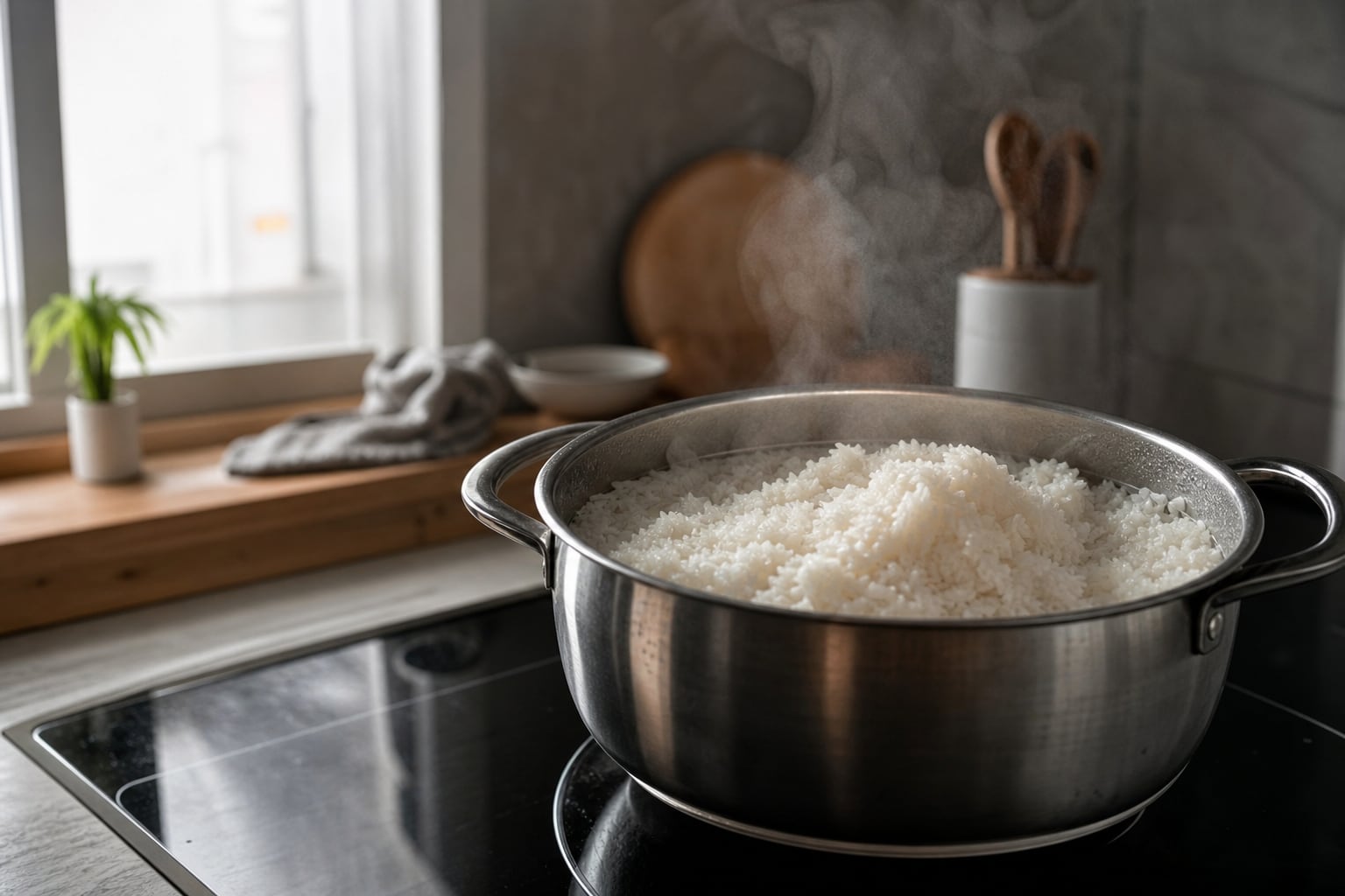 Riz blanc cuit fumant dans une casserole, versé dans un plat large pour refroidir rapidement dans une cuisine lumineuse