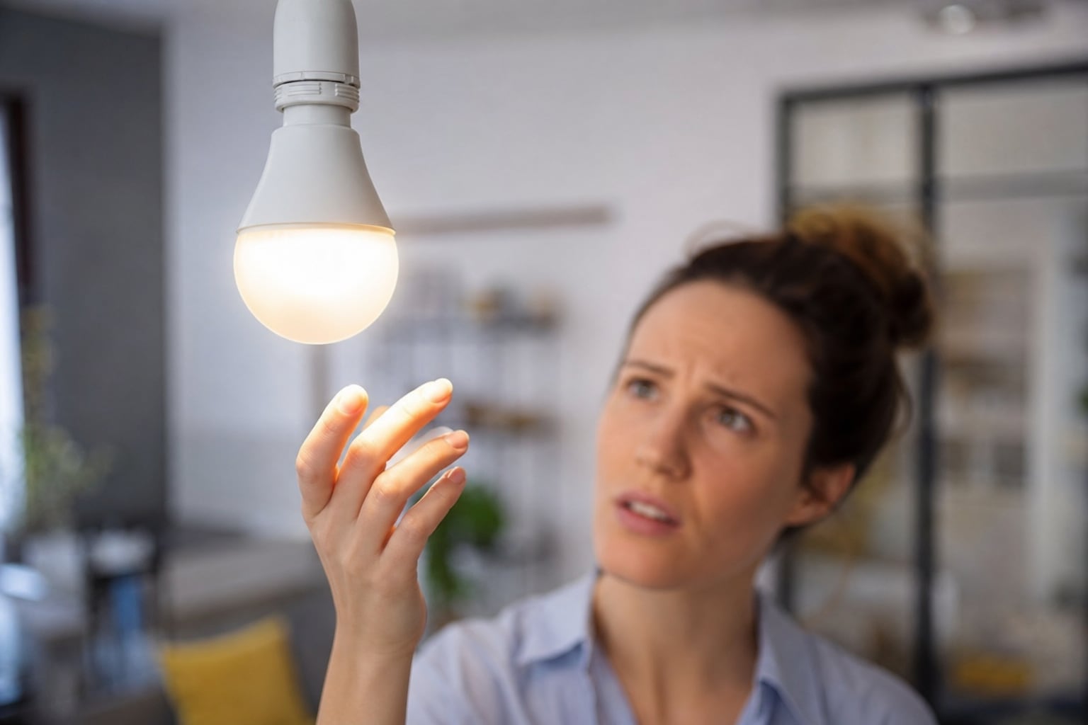 Ampoule LED allumée dans une douille de plafonnier, gros plan sur le filament lumineux dans une pièce en pénombre