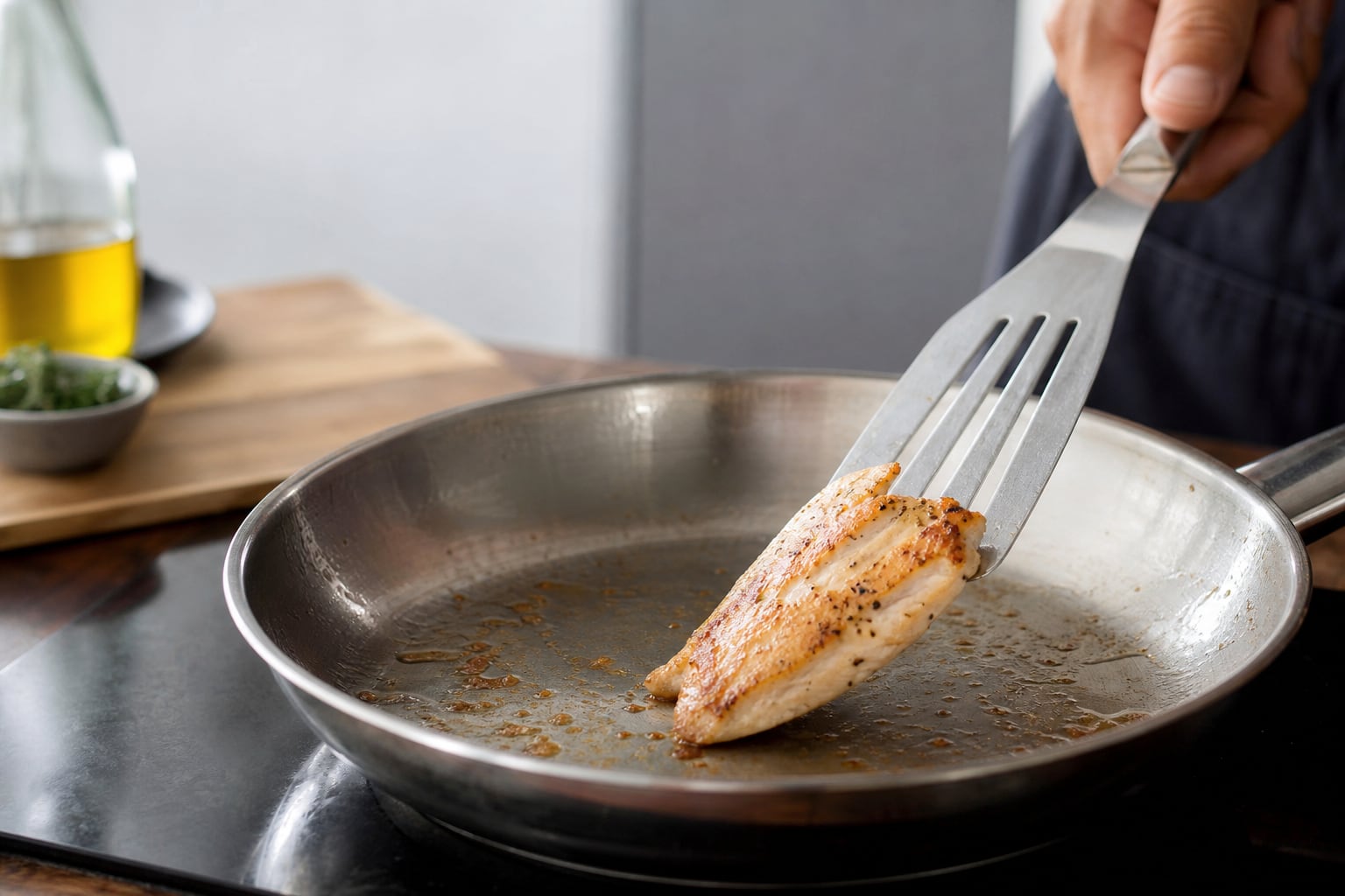 Œuf au plat cuit dans une poêle en inox sur une cuisinière, avec un filet d'huile brillant autour