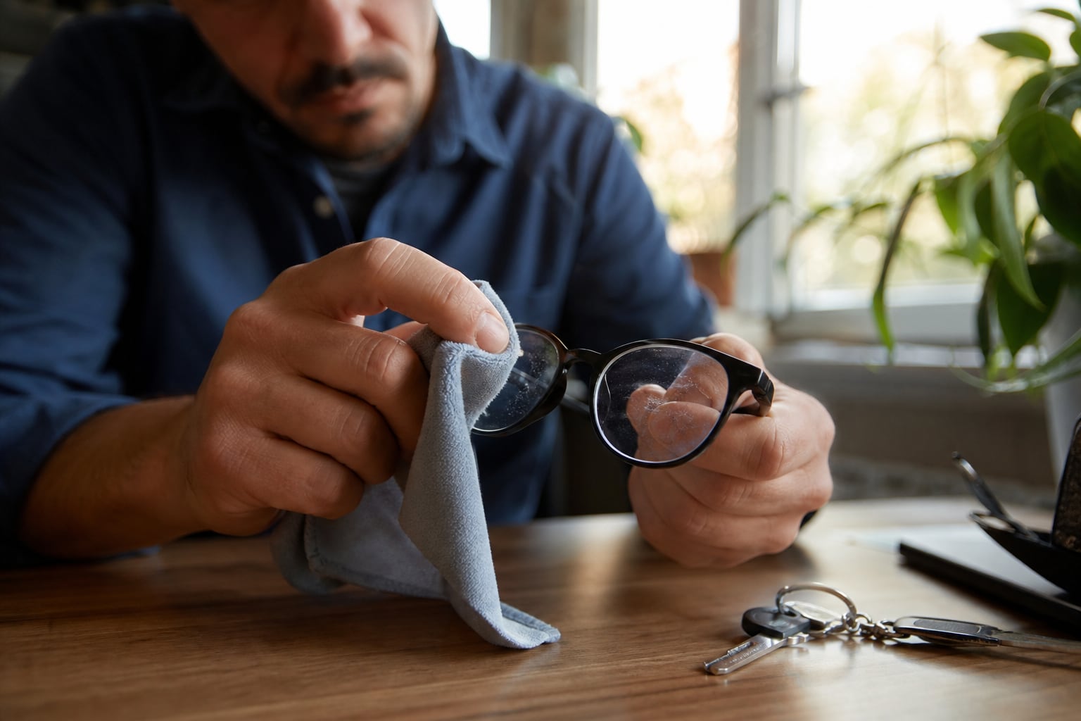 Paire de lunettes de vue posée sur une table en bois, verres éclairés par la lumière naturelle