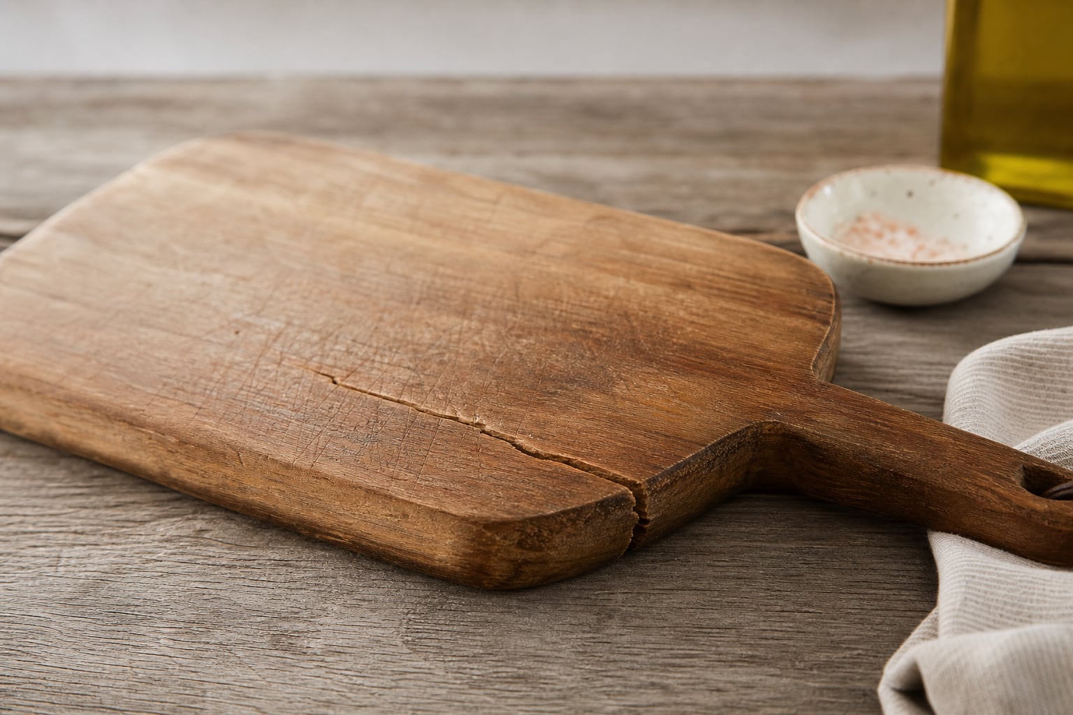 Planche à découper en bois massif posée sur un plan de travail de cuisine, éclairée par la lumière naturelle