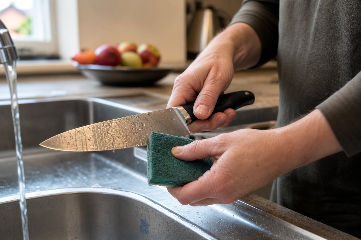 Couteau de cuisine posé sur une planche à découper en bois, lame brillante éclairée par la lumière naturelle