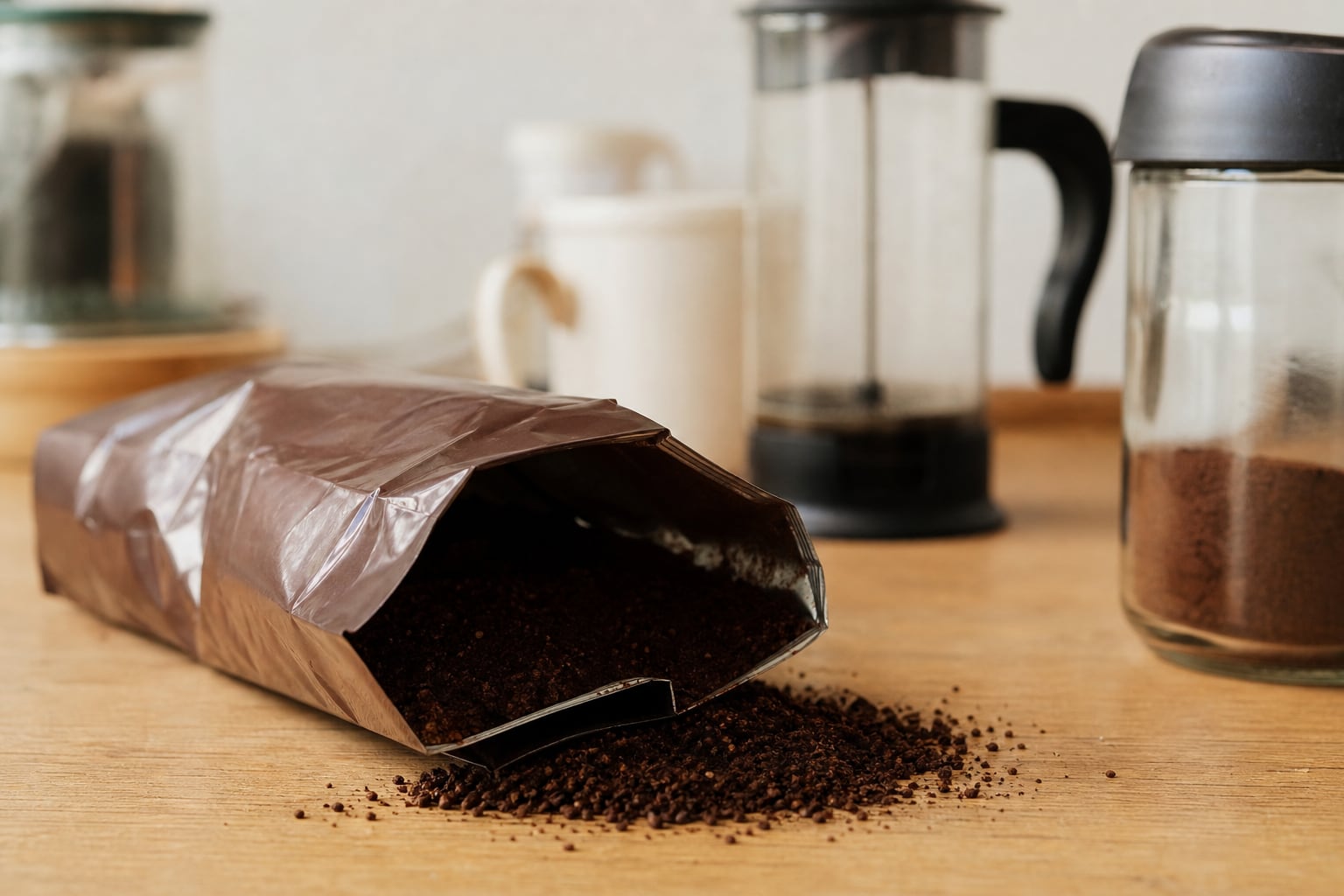 Café moulu dans un bocal en verre posé à côté d'un paquet de café ouvert, lumière naturelle de cuisine